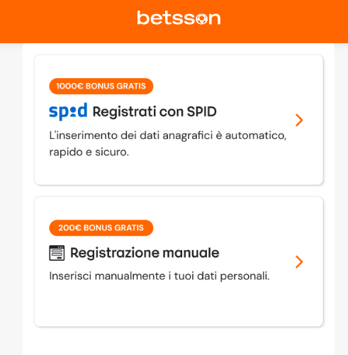 Registrazione su Betsson.it